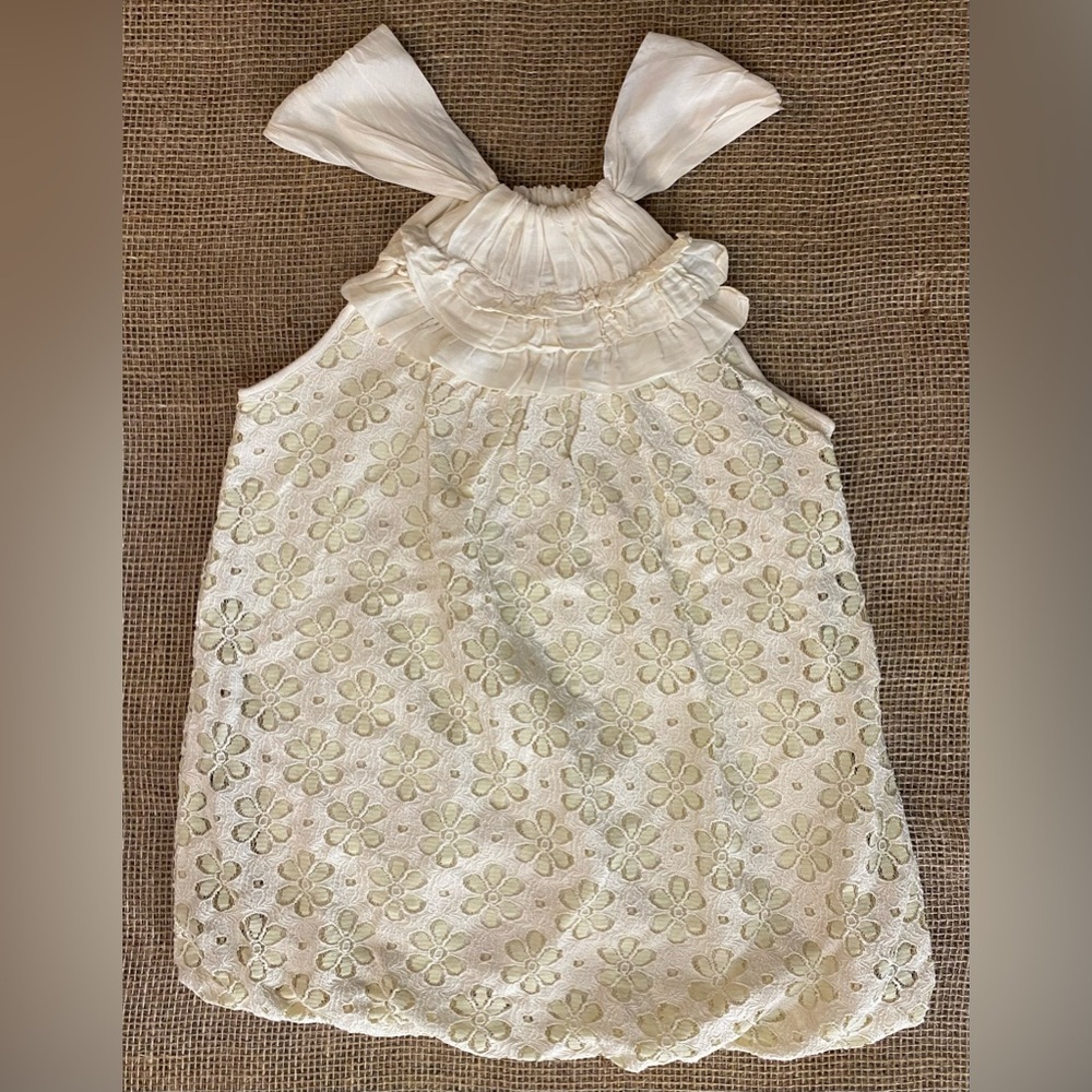 Ella Moss Beige Crochet Lace Halter Tank Top, Size S, Bubble Hem, Lined, Ruffled